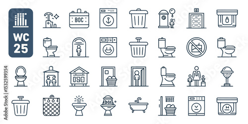 Monochrome Editable Stroke Icon Set of Toilets and Sanitary Fixtures

