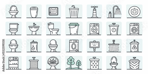 Monochrome Editable Stroke Icon Set of Toilets and Sanitary Fixtures

