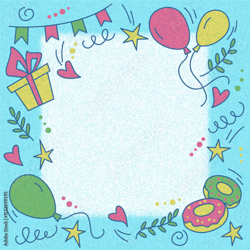Greeting card template with decorations in doodle style. For birthday cards, invitations, celebrations, holiday greetings. Vector color illustration with blue textured background and copy space.