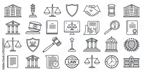 Monochrome Editable Stroke Vector Icon Set of Legal and Law Elements

