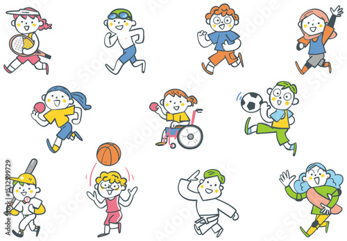 様々なスポーツに励む小学生たち　セットのストックイラスト素材

