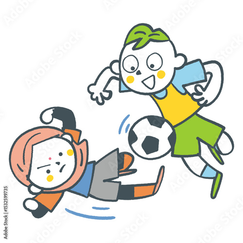 サッカーで競い合う男の子と女の子　顔　ストックイラスト素材
