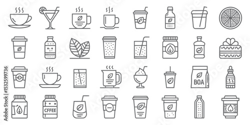 Monochrome Line Icon Set of Beverages in Vector Format

