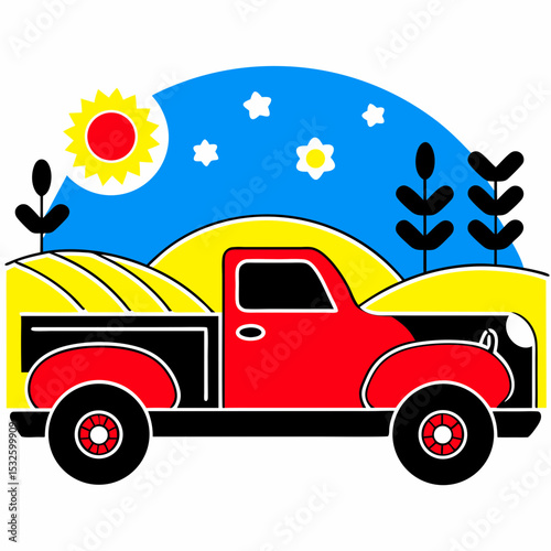Red vintage truck driving through colorful farming landscape for Labor Day  