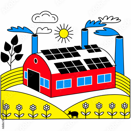 Colorful farm with solar panels under a bright sun in nature - Concept of Labor Day  