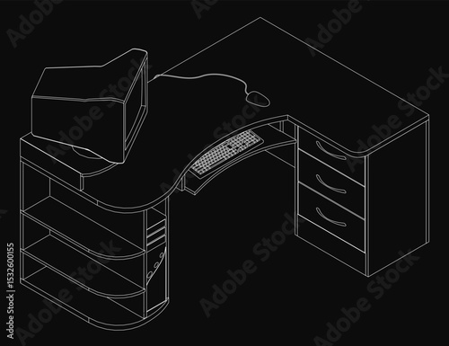 A black and white drawing of a desk with a keyboard and mouse. The desk is curved and has a shelf underneath it