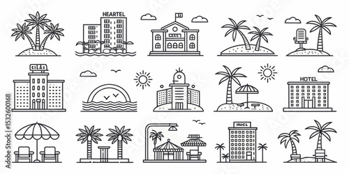 Monochrome Line Icon Set of Resorts in Vector Format

