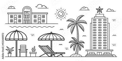 Monochrome Line Icon Set of Resorts in Vector Format

