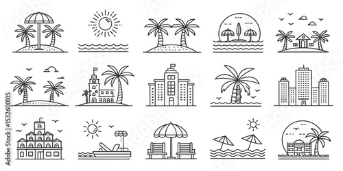 Monochrome Line Icon Set of Resorts in Vector Format


