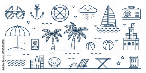 Monochrome Line Icon Set of Summer Vacation in Vector Style

