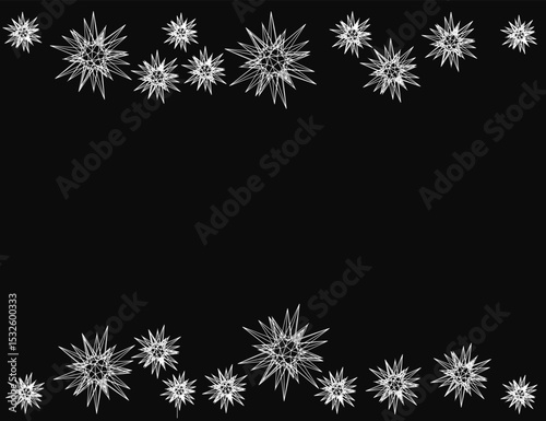 A black background with white snowflakes. The snowflakes are scattered all over the background, creating a sense of movement and energy. The image evokes a feeling of winter and the beauty of nature