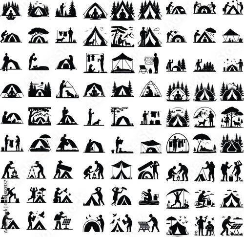 Camper with Tent Icon Silhouette Set – Outdoor Travel Vector Pack Minimal Camping Silhouettes – Man, Tent & Nature Icons

