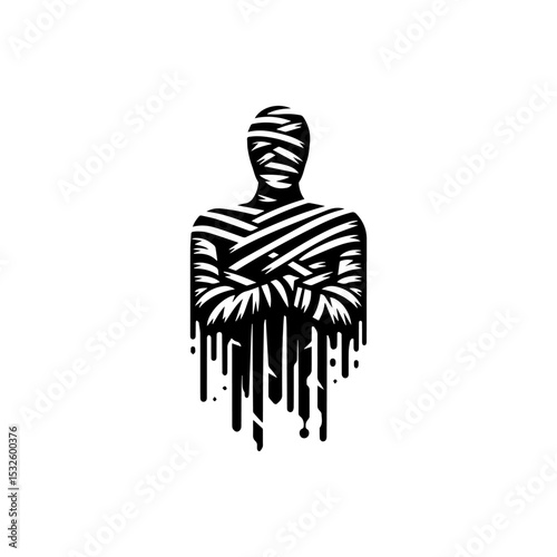 A stylized illustration of a mummy figure with arms crossed, partially melting.