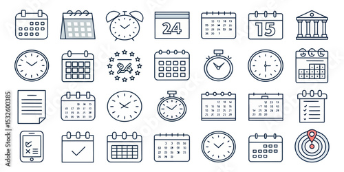 Monochrome Line Icon Set of Time Scheduling and Planning Tools

