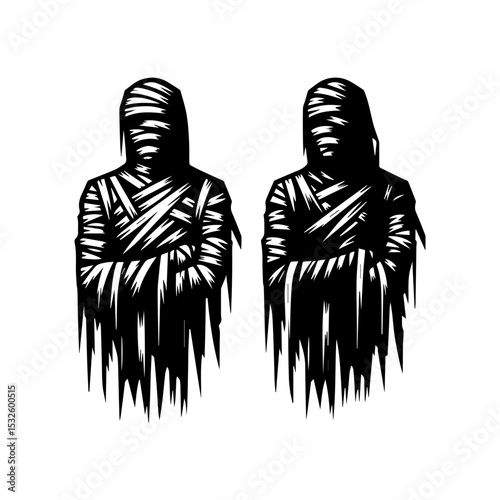 Two mummified figures, wrapped in bandages, stand side-by-side in a stylized, graphic representation.