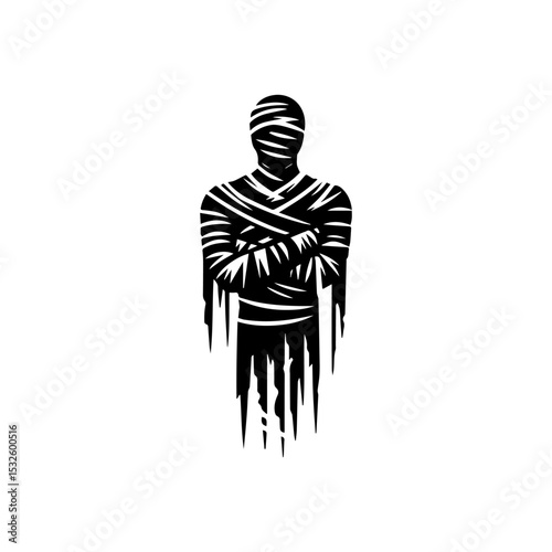 Black and white graphic of a mummy figure with crossed arms, wrapped in bandages.