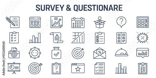 Monochrome Vector Line Icon Set of Surveys and Feedback

