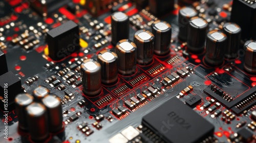 Close-up of electronic circuit board with glowing components and microchip connections, representing advanced technology, data processing, and digital innovation in modern computing hardware



