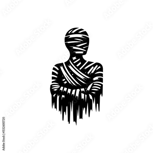 Silhouette of a mummy with crossed arms and bandages, depicted in a black and white illustration.