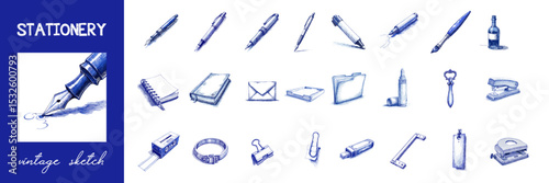 Set of stationery items made in blue ink in vintage sketch style 