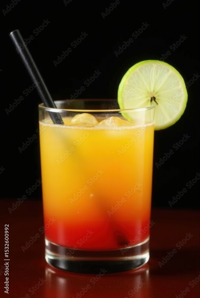 Tropical Delight: A refreshing and colorful layered cocktail, garnished with a lime slice and a straw, captures the essence of a tropical getaway. Perfect for advertising, branding and design. Tropical Delight: A refreshing and colorful layered cocktail, garnished with a lime slice and a straw, captures the essence of a tropical getaway. Perfect for advertising, branding and design.