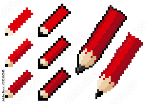 ドットで描いた赤い鉛筆のセット