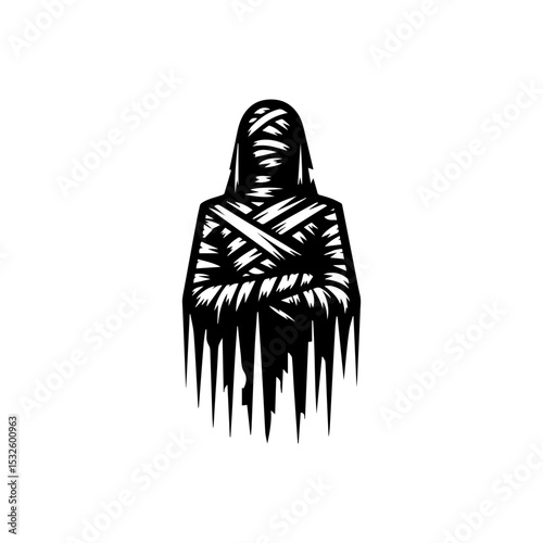 Silhouette of a mummified figure, wrapped in bandages, with flowing, dark lines.