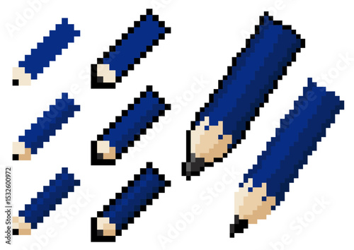 ドットで描いた青い鉛筆のセット