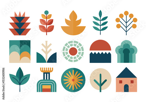 Modern Geometric Floral and Nature Icons A Collection of 20 Flat Design Elements