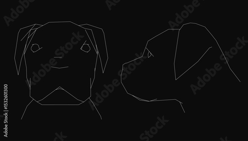 Two dog faces drawn in black and white. The first dog has a happy expression and the second dog has a sad expression