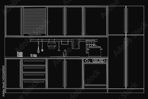 A kitchen with a refrigerator, oven, and sink. The refrigerator is on the right side of the image