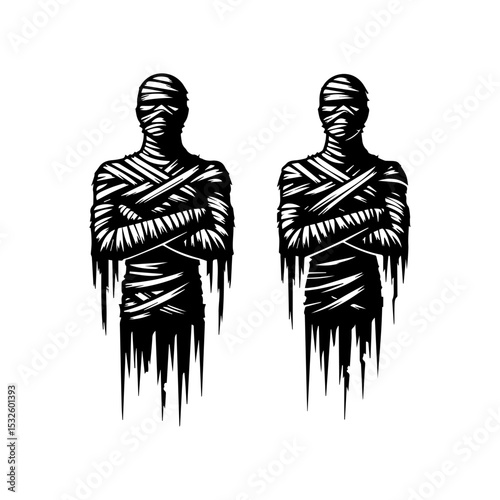 Two stylized mummy figures, arms crossed, wrapped in bandages, depicted in a graphic design.
