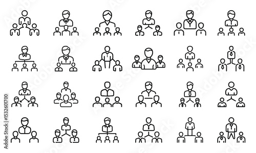 Collection of line art icons depicting organizational structures and hierarchies in business