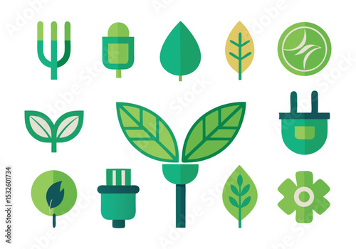 Green Energy Icons Eco-Friendly Leaf and Plug Illustrations