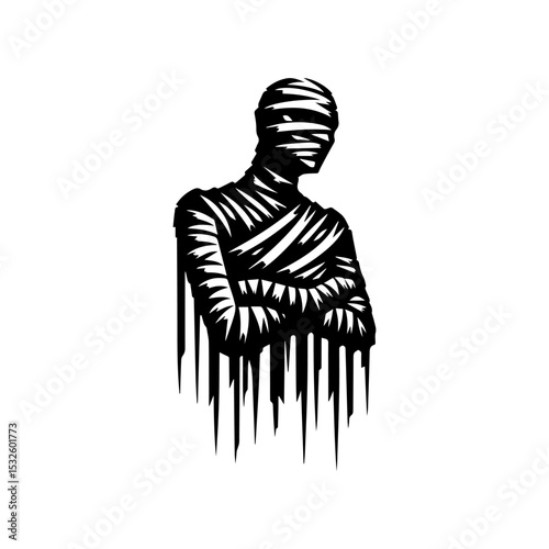 A stylized black and white illustration of a mummy figure, arms crossed, with dripping bandages.