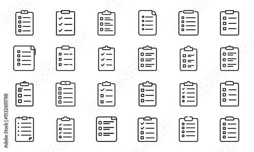 Collection of minimalist clipboard icons illustrating tasks schedules and checklists
