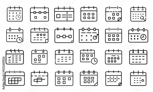 Line art collection of calendars depicting schedules and timelines
