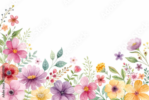 Colorful watercolor flowers and green leaves arranged along the bottom border on a white background.