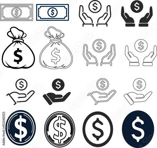 Vector set of money bag, dollar notes, coins,  donation and business icons for web design.