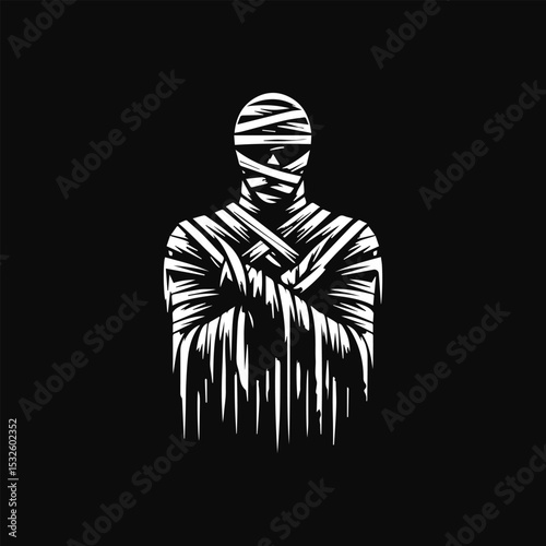 A stylized illustration of a mummy standing with arms crossed against a dark background.