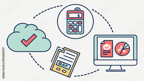 Illustration of cloud computing, calculator, document, and computer connected by dashed lines