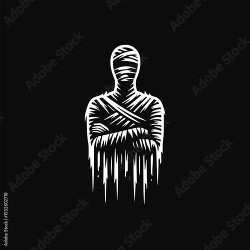White silhouette of a mummy with arms crossed, dissolving into vertical lines against a black background.