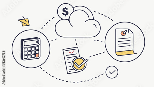 Illustration depicting financial cloud services with calculator and document icons connected 100