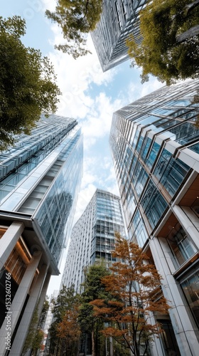 Tall office buildings in Tokyo dominate the skyline, captured from a low angle showcasing their architectural design and glass facades