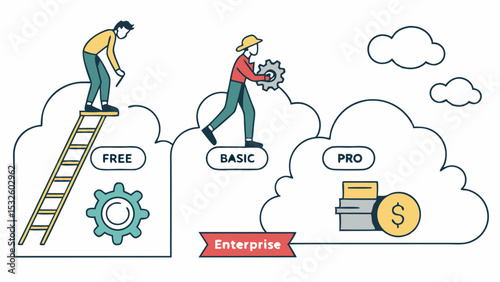 Illustration of different business plans with people climbing and carrying gears and money stacks