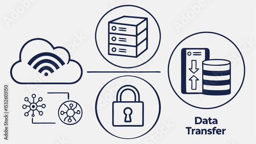 Illustration showing cloud server connection with data transfer and security lock in a circular design