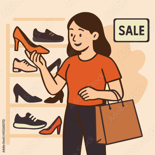 vector of a young woman shopping for shoes