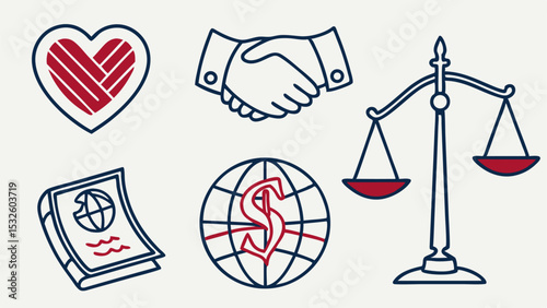 Illustration showing a heart handshake passport globe and scales all in blue and red outline style