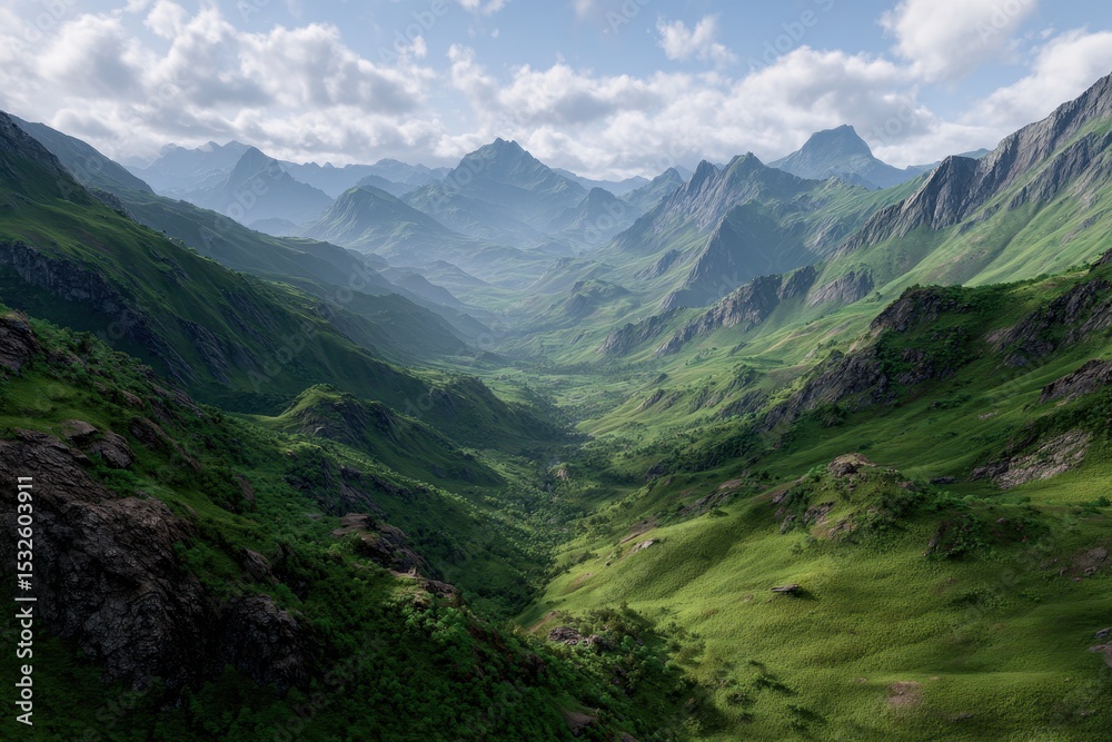 Fototapeta premium Serene mountain valley landscape under a cloudy sky