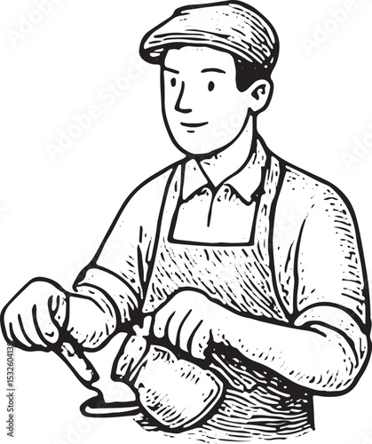 This black-and-white sketch depicts a cheerful barista in an apron and cap, pouring coffee from a jug. The hand-drawn, textured style captures the cozy café vibe, highlighting brewing skill and warm h